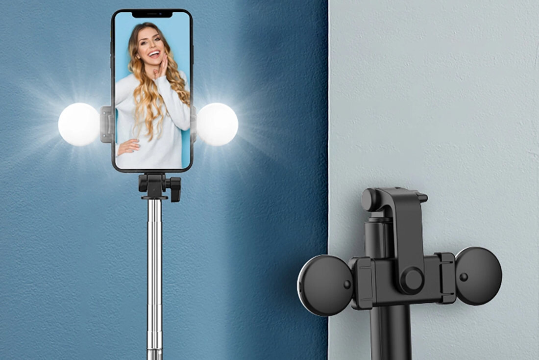 Uchwyt selfie HURTEL WR1YXS Czarny Lampka LED z 20 diodami nagrywania vlogów, zdjęć i transmisji na żywo możliwości między ciepłym a zimnym światłem profesjonalne warunki