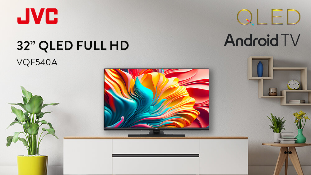 Telewizor JVC LT-32VQF540A - Kompaktowy telewizor QLED, telewizor stojący na komodzie w pomieszczeniu