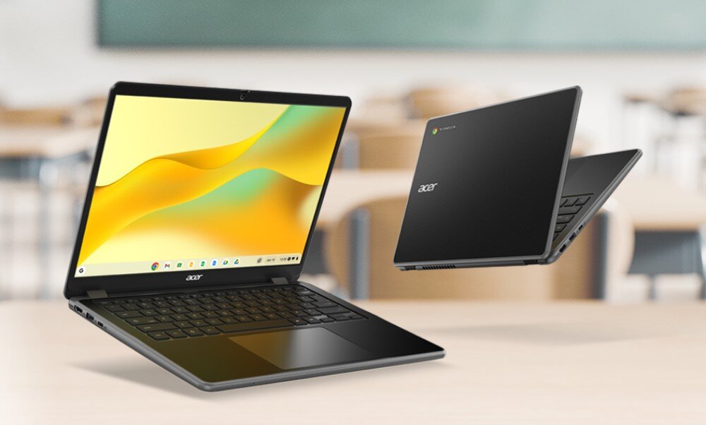 Laptop ACER Chromebook 514 C937-TCO-C9MW Otwarty laptop z widocznym ekranem i klawiaturą na pierwszym planie, drugi egzemplarz unosi się w tle z widoczną tylną klapą i logo, opis