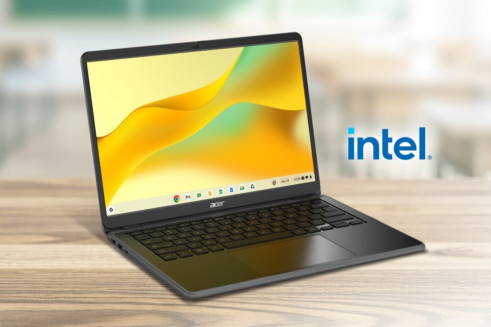 Laptop ACER Chromebook 514 C937-TCO-C9MW Laptop ustawiony na drewnianym biurku, ekran wyświetla żółto-zielony motyw graficzny, po prawej stronie logo 'intel', procesor, pamięć, ekran