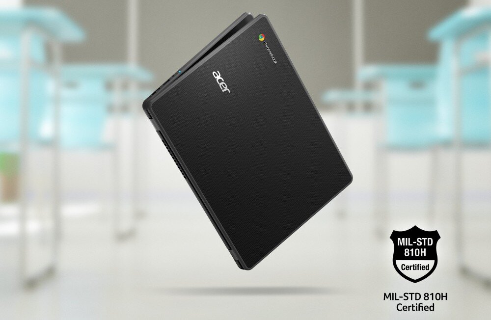 Laptop ACER Chromebook 514 C937-TCO-C9MW Laptop unosi się w powietrzu na tle klasy szkolnej, widoczne logo 'acer' oraz oznaczenie MIL-STD 810H, wytrzymałość, odporność
