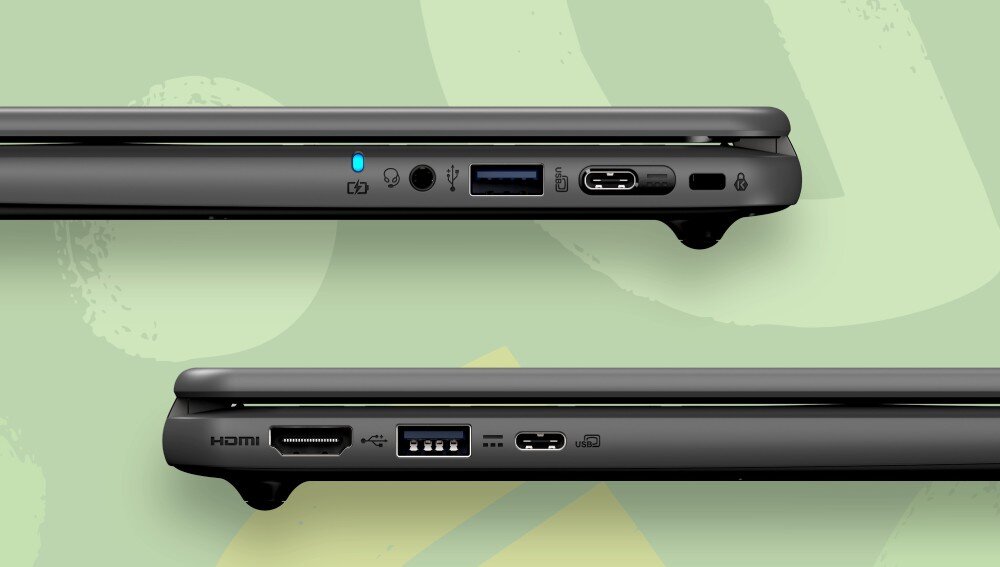 Laptop ACER Chromebook 514 C937-TCO-C9MW Widok z boku na dwa profile laptopa pokazujące dostępne porty: HDMI, USB-A, USB-C, wejście słuchawkowe i zasilanie, łączność, Wi-Fi, porty, gniada