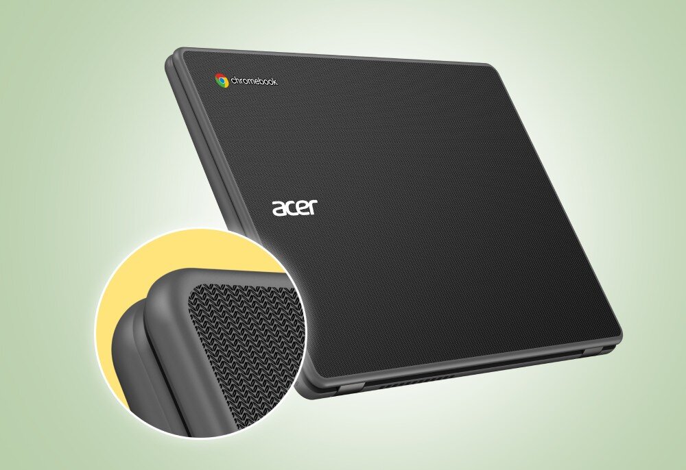 Laptop ACER Chromebook 514 C937-TCO-C9MW Zamknięty laptop z widoczną teksturą obudowy oraz zbliżeniem na gumowy narożnik zabezpieczający, podstawa, gumowe osłony