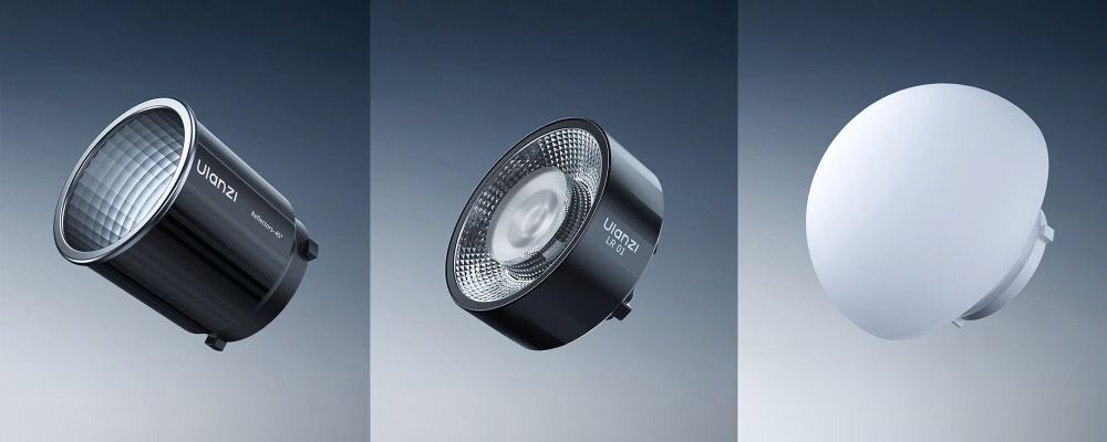 Zbliżenie modułu lampy LED z widoczną soczewką oraz boczną obudową ustawione na ciemnym tle z nazwa modułu LR01 i logo Ulanzi