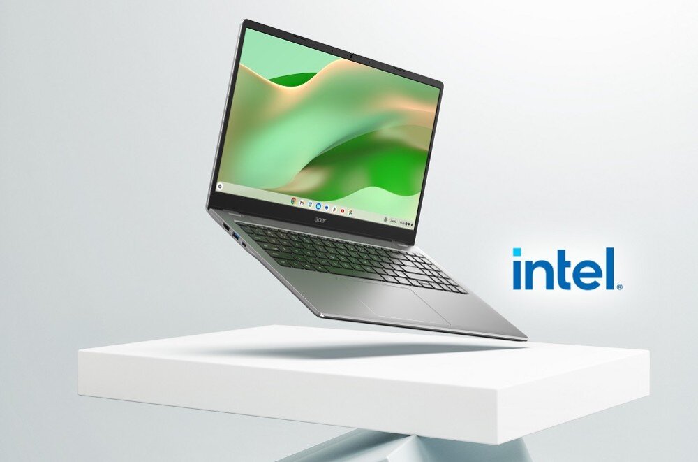 Laptop ACER Chromebook 315 CB315-6H-TCO-C7L6 Laptop z otwartym ekranem unosi się nad białą platformą, po prawej stronie znajduje się logo 'intel', procesor, pamięć, system, przeznaczenie