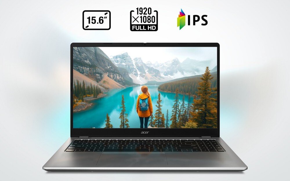 Laptop ACER Chromebook 315 CB315-6H-TCO-C7L6 Laptop z dużym ekranem wyświetlającym zdjęcie osoby stojącej nad jeziorem w górach, powyżej znajdują się ikony informujące o rozmiarze ekranu 15,6 cala, rozdzielczości Full HD i technologii IPS, ekran, rozdzielczość, przekątna, matryca