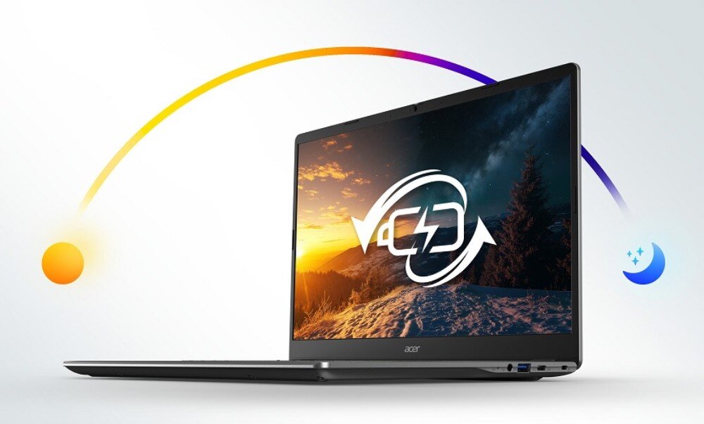 Laptop ACER Chromebook 315 CB315-6H-TCO-C7L6 Laptop z bocznej perspektywy, na ekranie widoczny krajobraz dzienno-nocny z ikoną symbolizującą ładowanie, w tle łuk łączący ikonę słońca z księżycem, czas włączania, bateria, czas działania, ładowanie