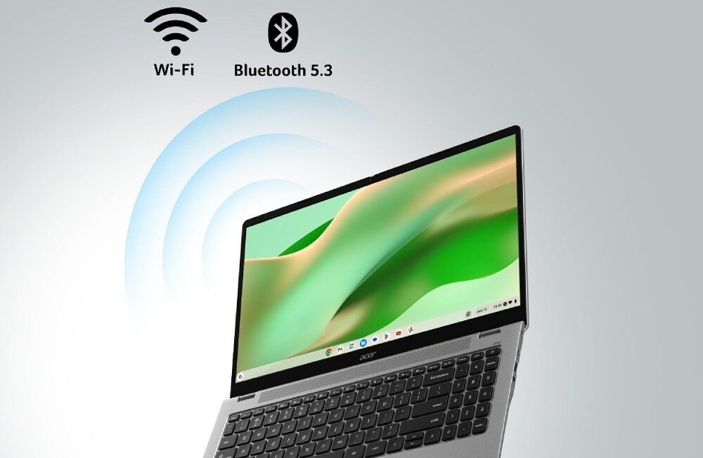 Laptop ACER Chromebook 315 CB315-6H-TCO-C7L6 Laptop z ekranem wypełniającym większość kadru, nad nim widoczne ikony Wi-Fi i Bluetooth 5.3, łączność, Wi-Fi, Bluetooth