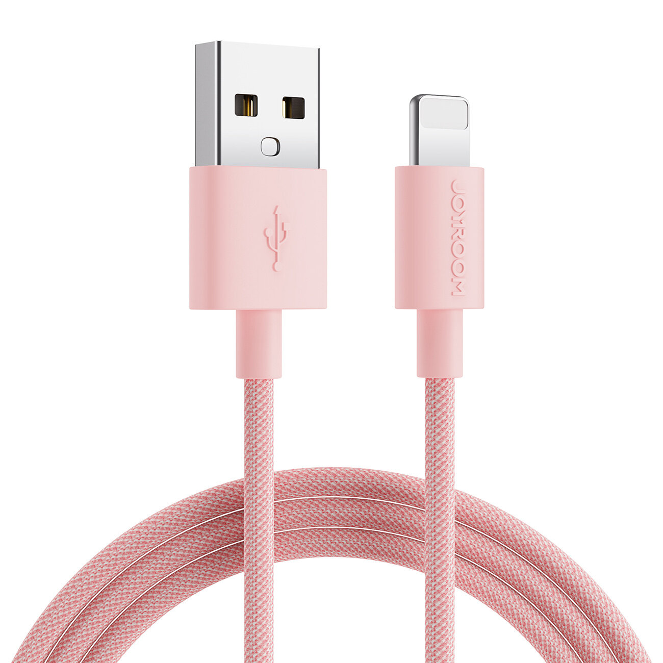 Różowy kabel USB-A do Lightning z oplotem, widoczny jest napis \'JOYROOM\' na końcówce Lightning oraz symbol USB na końcówce USB-A.