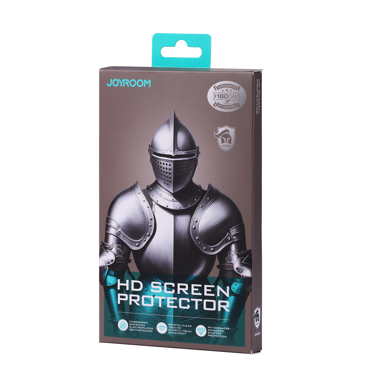 Opakowanie produktu z grafiką rycerza w zbroi oraz tekstem \'HD SCREEN PROTECTOR\'. Widoczne logo \'JOYROOM\' oraz informacje o ochronie ekranu.