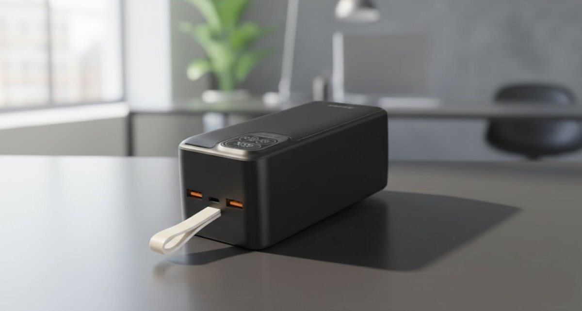 HAWK HW-PB50000 system ochronny przeciwwstrząsowe, termiczne, przeciwzwarciowe, przeciwprzepięciowe chroniące przed przeładowaniem i przegrzaniem Monitorowanie parametrów pracy w czasie rzeczywistym - powerbank na ciemnym biurku