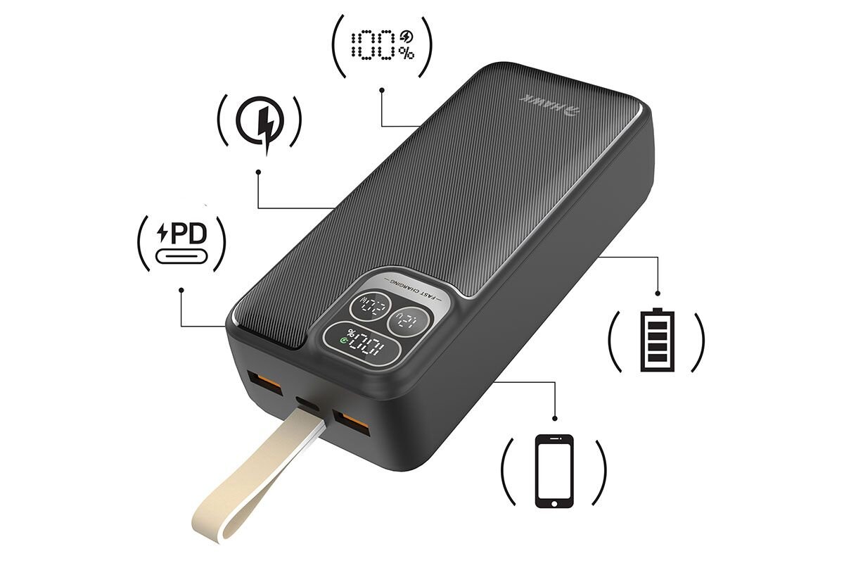 HAWK HW-PB30000 ekran LCD aktualny poziom energii w procentach napięcie i natężenie ładowania - powerbank na białym tle pod kątem