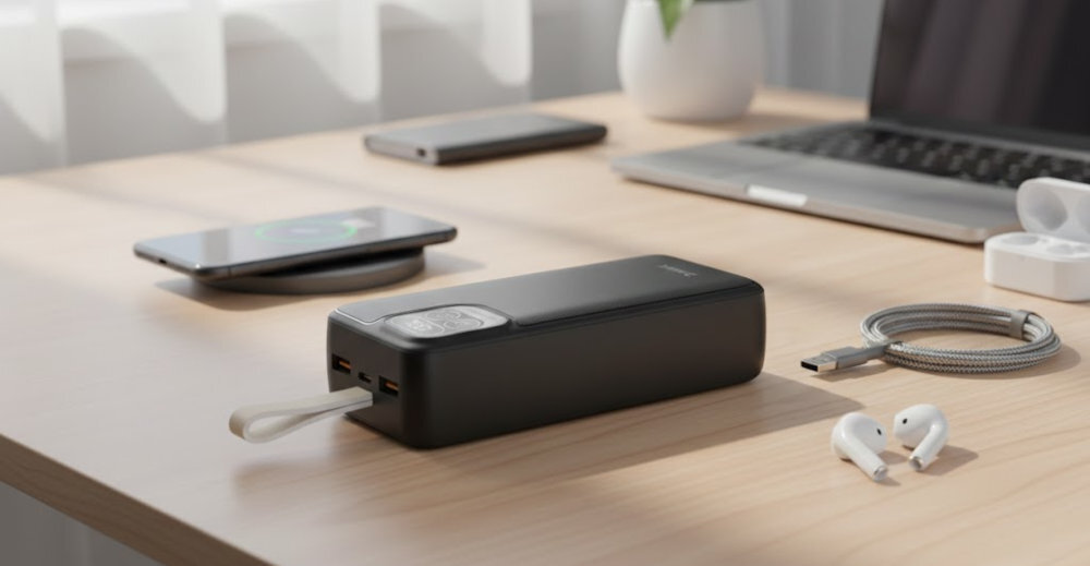 HAWK HW-PB30000 system zabezpieczeń chroniących przed przepięciem, przegrzaniem, przeciążeniem oraz zwarciem Monitorowanie parametrów pracy w czasie rzeczywistym - powerbank na ciemnym biurku