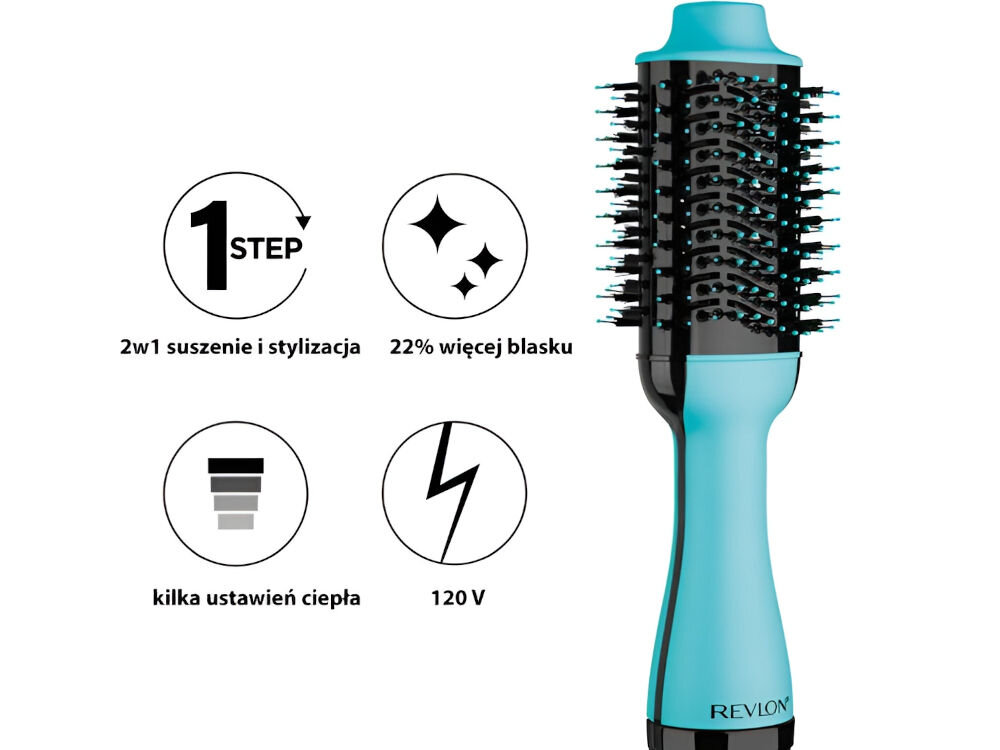 Obraz przedstawia miętową suszarko-lokówkę z logo \'REVLON\' na rączce. Obok znajdują się ikony z tekstem: \'1 STEP\', \'2w1 suszenie i stylizacja\', \'22% więcej blasku\', \'kilka ustawień ciepła\', \'120 V\'.