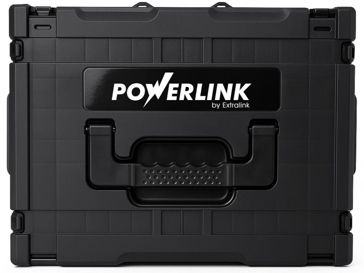 Zestaw elektronarzędzi EXTRALINK Powerlink DNXGHJJOHRMMIN, akumulatory, energia, ciągłość, praca, Czarna walizka transportowa z widocznym logo Powerlink.