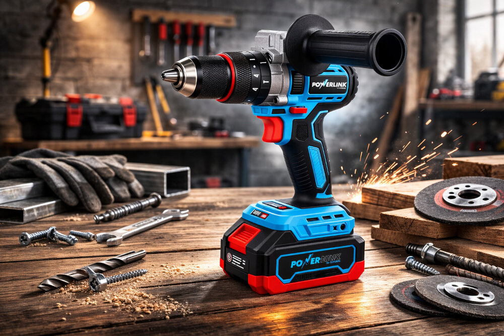Wiertarko-wkrętarka POWERLINK PWL-06 wnętrze warsztatu urządzenie stoi na drewnianym blacie w tle różne narzędzia okno ściana z szarej cegły wszechstronne narzędzie wydajność uniwersalność