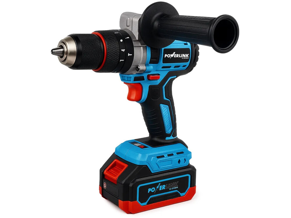 Wiertarko-wkrętarka POWERLINK PWL-06 urządzenie na białym tle widoczne od przodu lekko pod skosem do domowych prac montażowych i remontowych akumulatorowe zasilanie niewielka konstrukcja