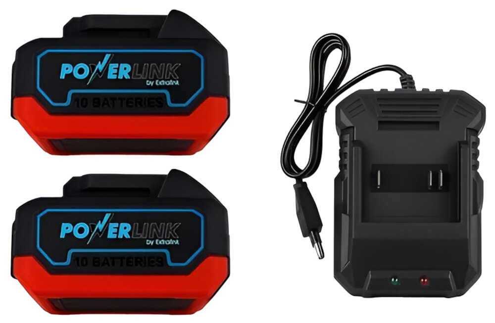 Wiertarko-wkrętarka POWERLINK PWL-06 dwa akumulatory i ładowarka na białym tle działa w systemie POWERLINK 20 V możesz korzystać z akumulatorów kompatybilnych z innymi urządzeniami z tej samej serii dwa akumulatory o pojemności 4 Ah ładowarka minimalizuje przestoje pozwala na nieprzerwaną pracę