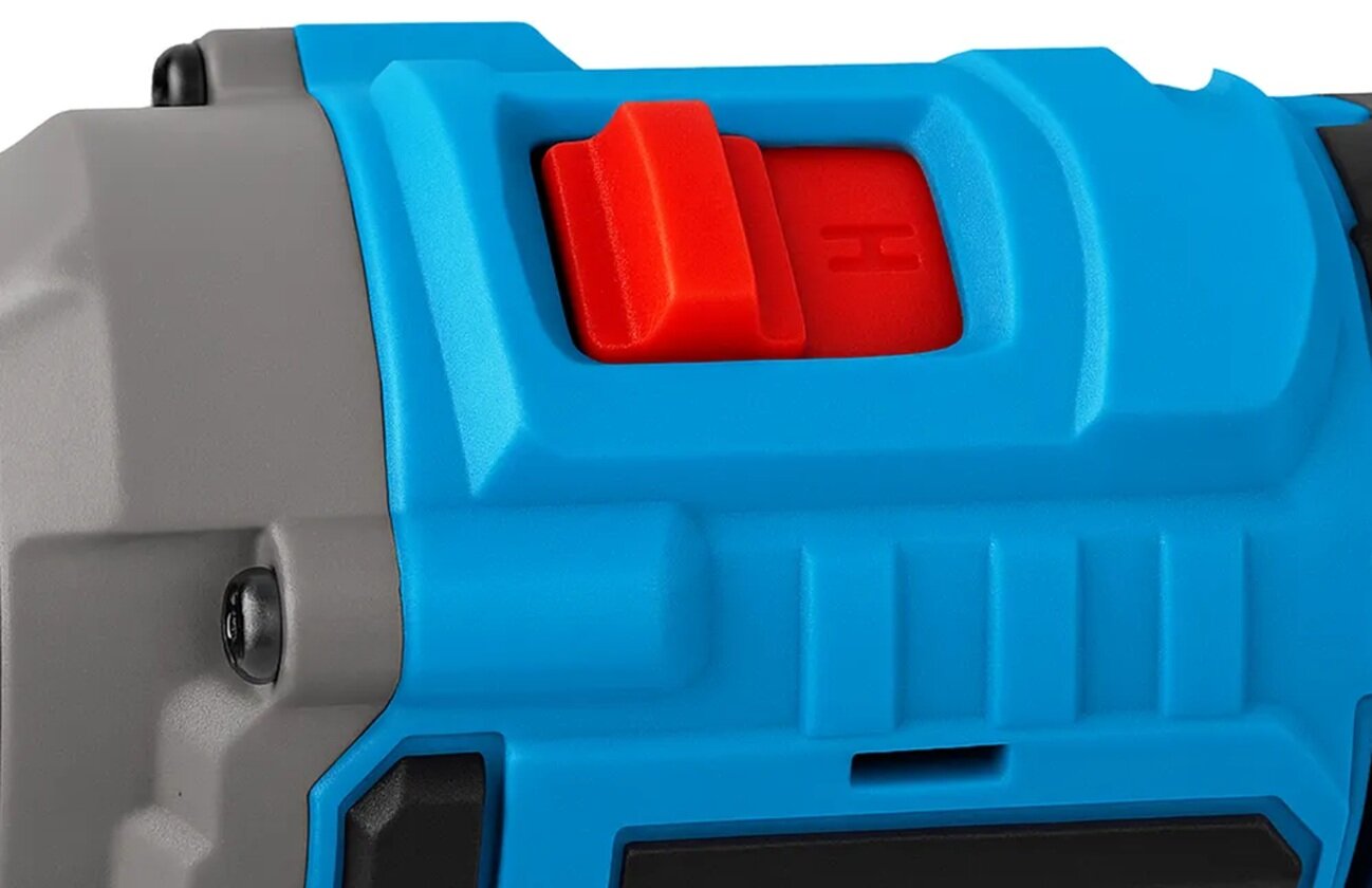 Wiertarko-wkrętarka POWERLINK PWL-06 zbliżenie na przełącznik przekładni maksymalny moment obrotowy wynoszący 120 Nm optymalne dostosowanie prędkości do różnych materiałów i zadań dwubiegowa przekładnia (0-350 obr./min na pierwszym biegu i 0-1850 obr./min na drugim)