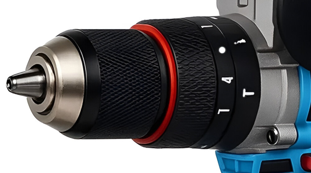 Wiertarko-wkrętarka POWERLINK PWL-06 zbliżenie na uchwyt wiertarski uchwyt 1,5-13 mm szybka wymiana wierteł oraz bitów bez potrzeby użycia dodatkowych narzędzi oszczędza czas zwiększa efektywność pracy