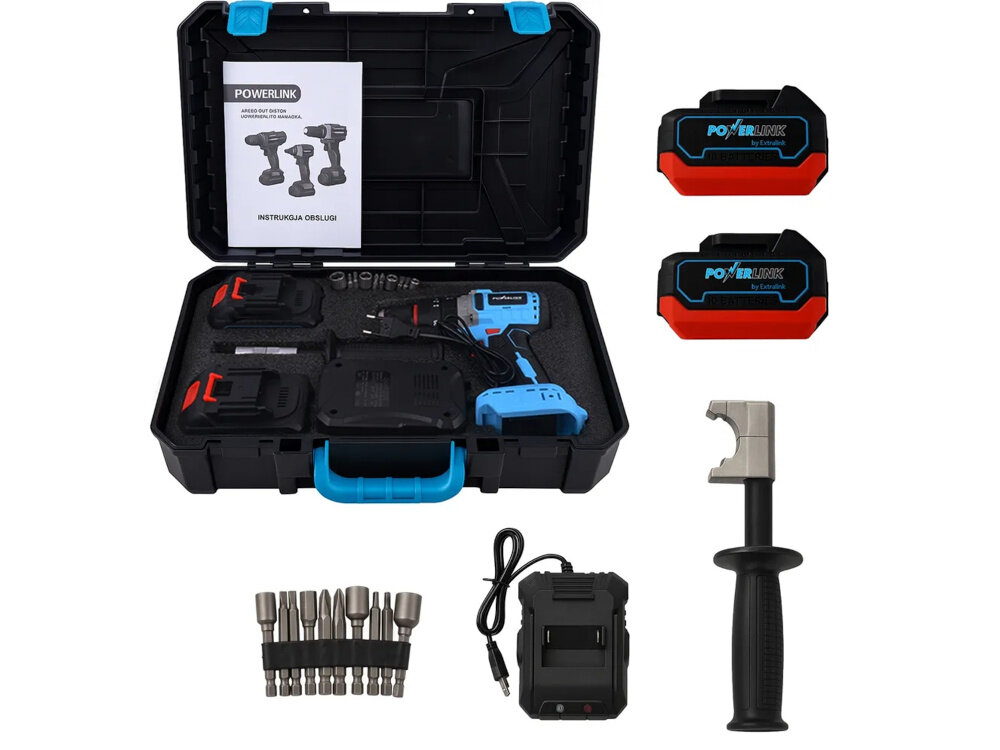 Wiertarko-wkrętarka POWERLINK PWL-06 zestaw na białym tle w zestawie wiertarko-wkrętarka dwa akumulatory ładowarka walizka zestaw bitów dokumentacja