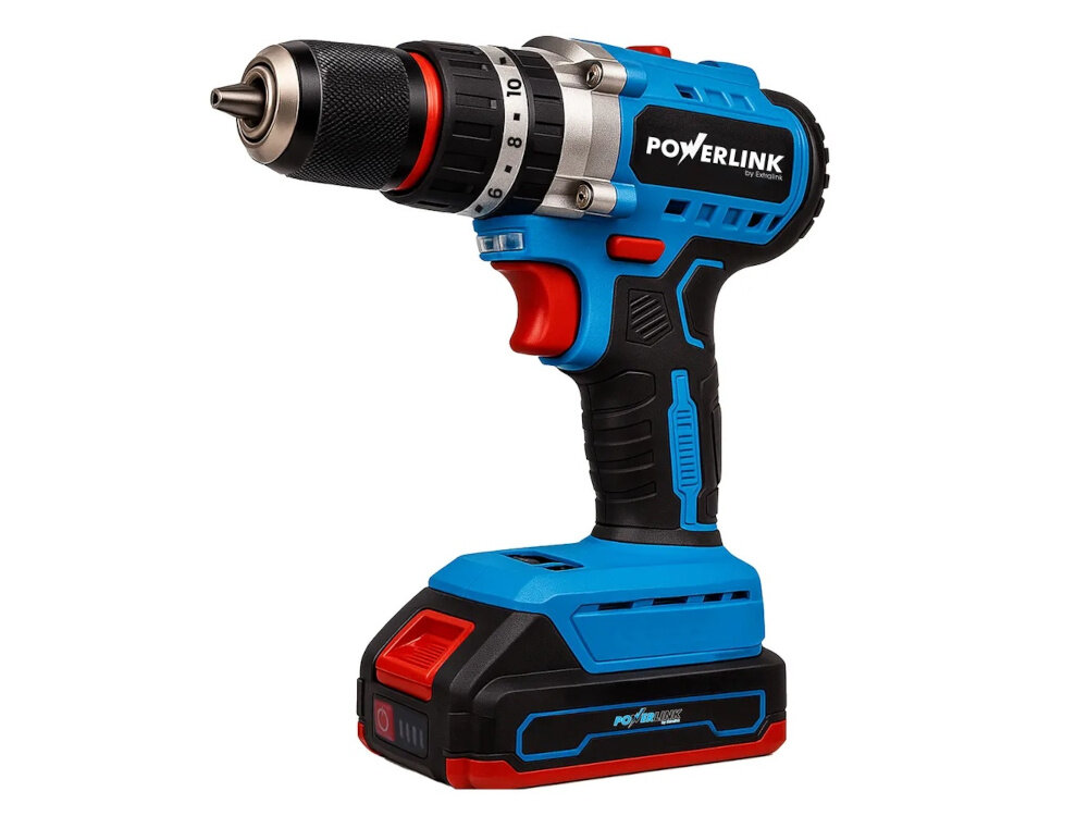Wkrętarka akumulatorowa POWERLINK PWL-CD1002C urządzenie na białym tle widoczne od przodu lekko pod skosem wszechstronne narzędzie wydajność uniwersalność