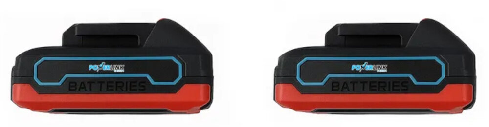 Wkrętarka akumulatorowa POWERLINK PWL-CD1002C dwa akumulatory na białym tle działa w systemie POWERLINK 20 V możesz korzystać z akumulatorów kompatybilnych z innymi urządzeniami z tej samej serii dwa akumulatory o pojemności 1,5 Ah ładowarka minimalizuje przestoje pozwala na nieprzerwaną pracę