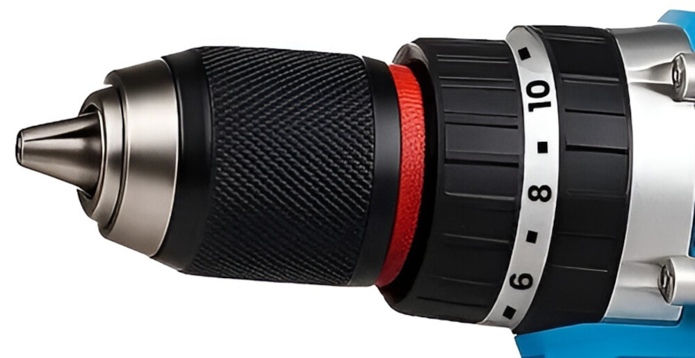 Wkrętarka akumulatorowa POWERLINK PWL-CD1002C zbliżenie na uchwyt wiertarski uchwyt 10 mm szybka wymiana wierteł oraz bitów bez potrzeby użycia dodatkowych narzędzi oszczędza czas zwiększa efektywność pracy