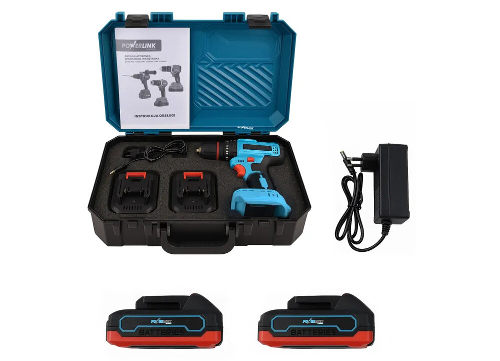Wkrętarka akumulatorowa POWERLINK PWL-CD1002C zestaw na białym tle w zestawie wiertarko-wkrętarka dwa akumulatory ładowarka walizka dokumentacja