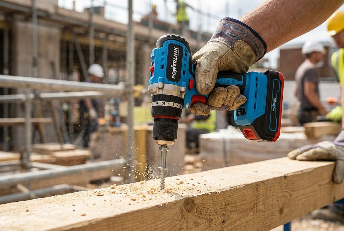 Wkrętarka akumulatorowa POWERLINK PWL-CD1002C, precyzja, ruch, dokładność, kontrola, Wkręcanie śruby w belkę drewnianą niebieską wiertarko-wkrętarką.