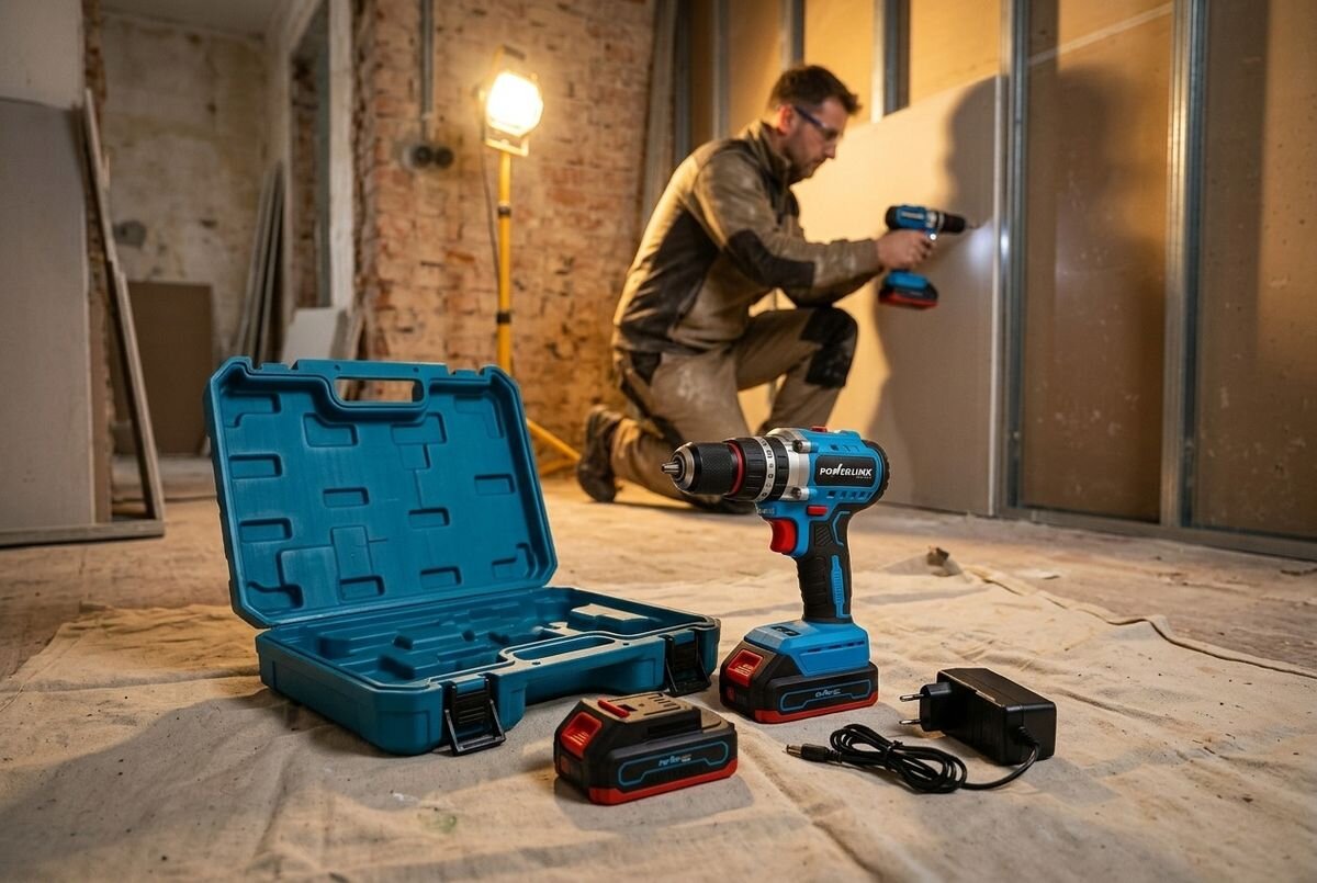 Wkrętarka akumulatorowa POWERLINK PWL-CD1002C, ergonomia, uchwyt, komfort, LED, Wiertarka na pierwszym planie, w tle fachowiec montuje płyty g-k.