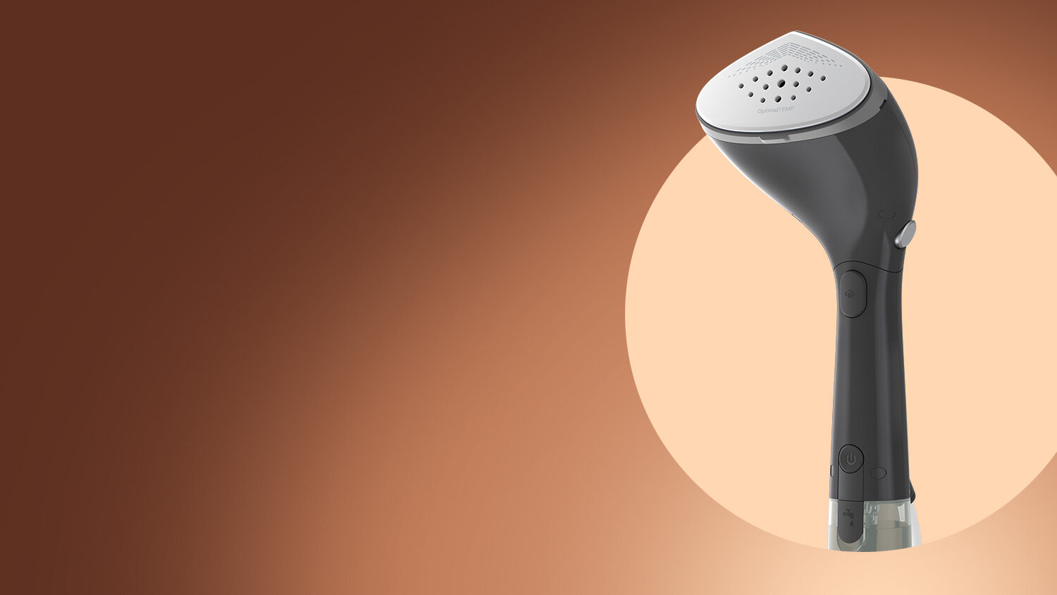 Na obrazie widoczna jest parownica do ubrań w kolorze czarnym z metaliczną głowicą z otworami. Tło jest gradientowe, w odcieniach brązu i beżu.