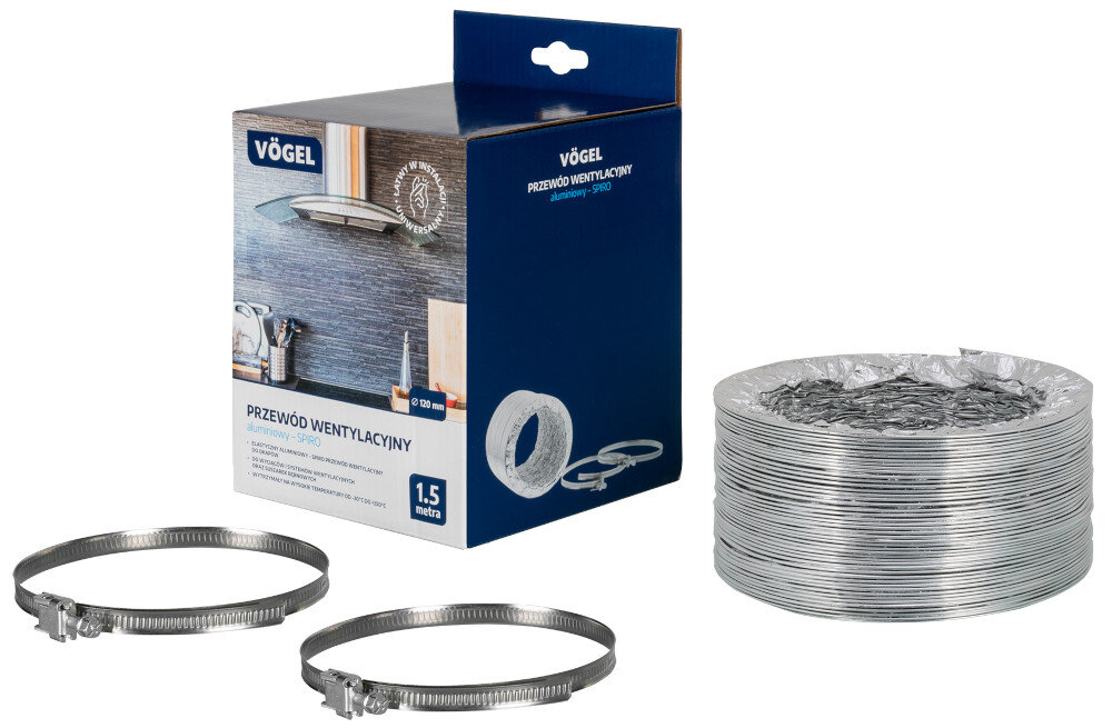 Na obrazie znajduje się opakowanie produktu \'Przewód wentylacyjny VÖGEL 1.5m Aluminiowy\' oraz zwinięty przewód aluminiowy i dwa metalowe zaciski. Opakowanie jest niebieskie z białymi napisami i zdjęciem kuchni, a na nim widnieje logo \'VÖGEL\'.