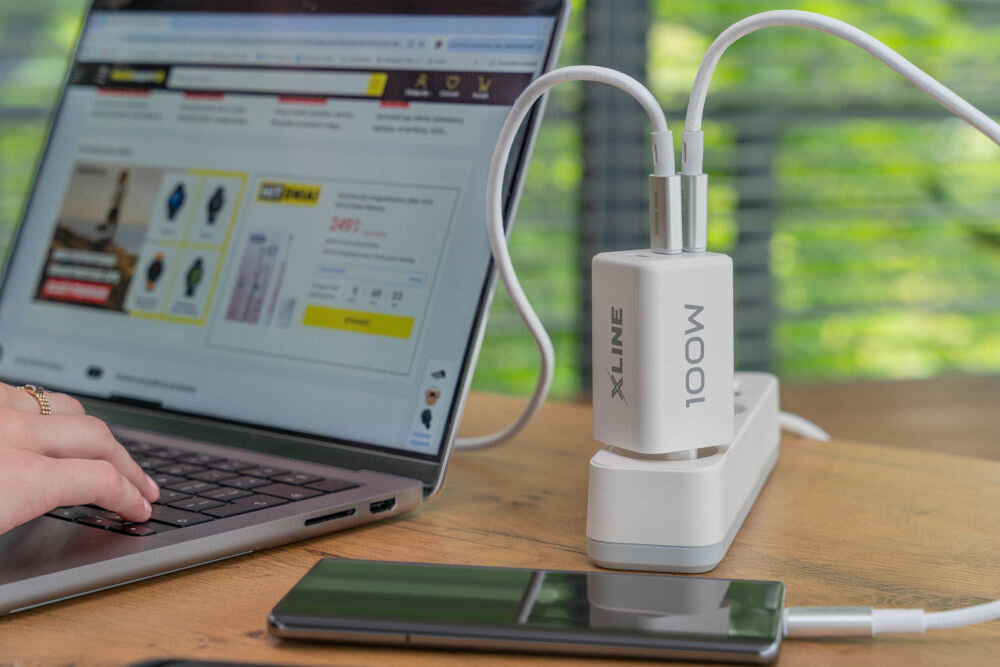 Ładowarka indukcyjna XLINE WCG1003W Biały technologia gan dwa podłączone urządzenia smartfon laptop