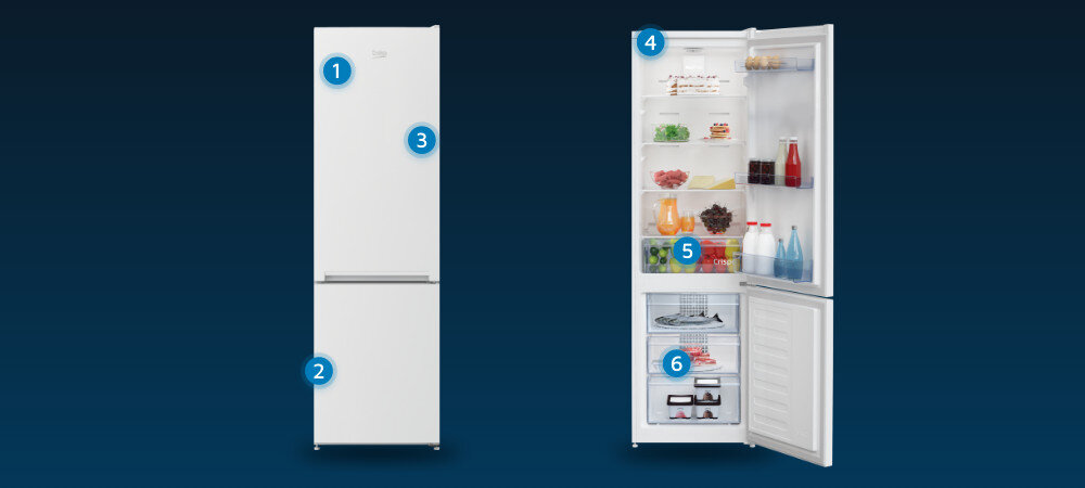 LODÓWKA BEKO RCNA305K40WN dodatkowe cechy design test wytrzymałościowy zmiana kierunku Oświetlenie LED Szuflada owoce warzywa zamrażarka 3 szuflady