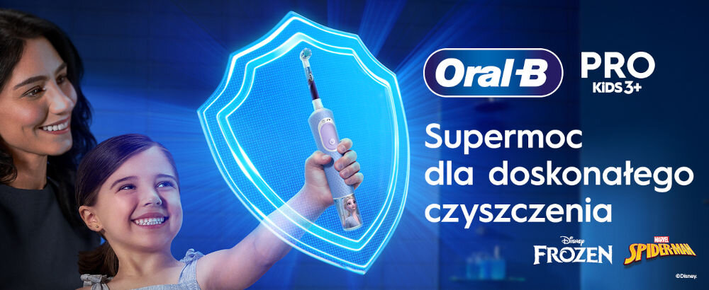 Dziecko trzyma szczoteczkę rotacyjną, a obok widoczny jest napis: \'Oral-B PRO KIDS 3+ Supermoc dla doskonałego czyszczenia\'. W tle znajdują się loga Disney Frozen i Marvel Spider-Man.