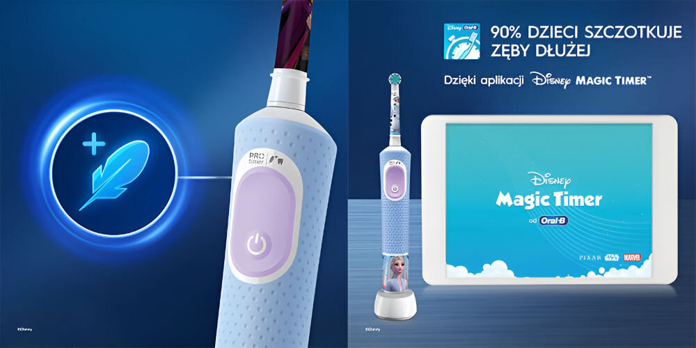 Obraz przedstawia szczoteczkę rotacyjną z motywem Krainy Lodu oraz tablet z aplikacją Disney Magic Timer. Na obrazie widnieje tekst: \'90% dzieci szczotkuje zęby dłużej dzięki aplikacji Disney Magic Timer\'.