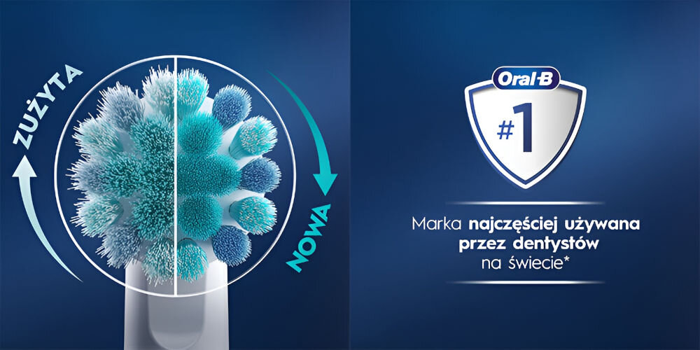 Obraz przedstawia porównanie zużytej i nowej główki szczoteczki z napisem \'ZUŻYTA\' i \'NOWA\'. Obok znajduje się tarcza z logo \'Oral-B #1\' oraz tekst \'Marka najczęściej używana przez dentystów na świecie*\'.
