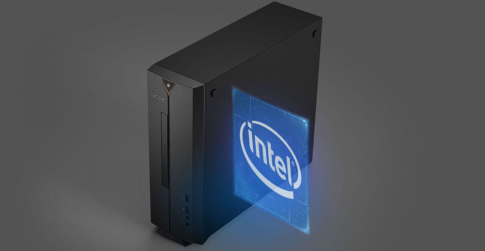 Komputer ACER Aspire XC-1780 i7-13700 16GB RAM 512GB SSD Wi-Fi Windows 11 Professional prezentacja komputera od przodu pod kątem na szarym tle hologram intel obok jednostki procesor rdzenie wątki taktowanie płynność pracy