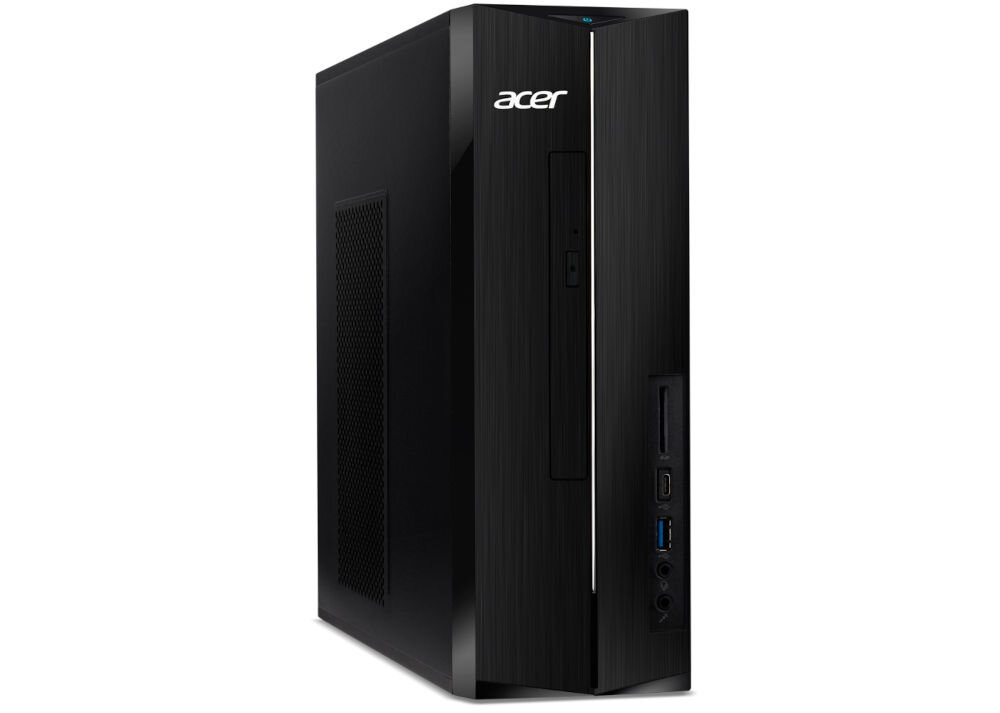 Komputer ACER Aspire XC-1780 i7-13700 16GB RAM 512GB SSD Wi-Fi Windows 11 Professional prezentacja komputera od przodu pod kątem na białym tle czarna, wąska obudowa oszczędność miejsca profesjonalne otoczenie