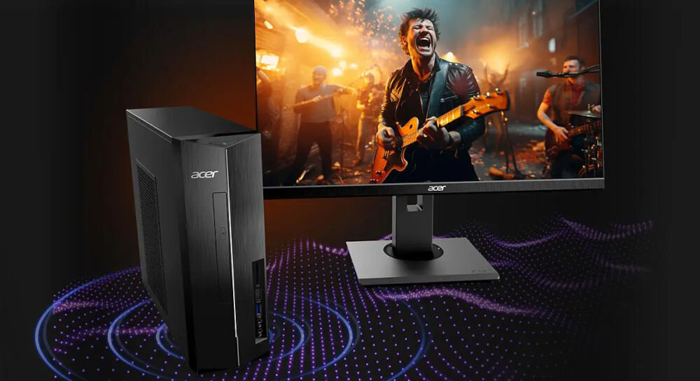 Komputer ACER Aspire XC-1780 i7-13700 16GB RAM 512GB SSD Wi-Fi Windows 11 Professional prezentacja komputera od przodu pod kątem obok monitor na monitorze zespół grający na instrumentach i śpiewający ciemne tło imitacja wydawania dźwięku widok ogólny obudowy