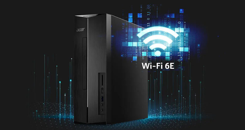 Komputer ACER Aspire XC-1780 i7-13700 16GB RAM 512GB SSD Wi-Fi Windows 11 Professional prezentacja komputera od przodu pod kątem na ciemnym tle z cyfrowymi elementami obok napis Wi-Fi 6E łączność bezprzewodowa Wi-Fi 6E stabilna transmisja danych bez zakłóceń