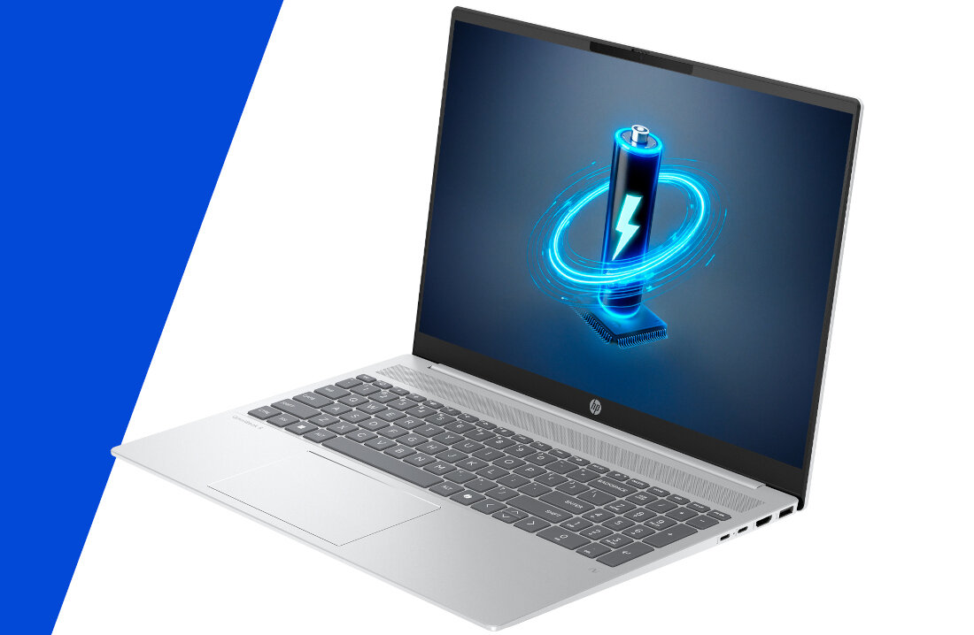 Laptop HP OmniBook z grafiką baterii i błyskawicy na ekranie symbolizującą szybkie ładowanie - Bateria o pojemności 68 Wh 