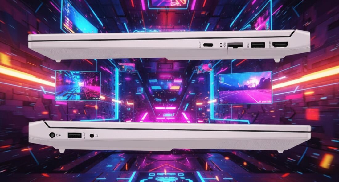 Laptop HP Victus 15 - Laptop pokazujący złącza HDMI, USB-A, USB-C i RJ-45. USB Typu-A Typu-C HDMI