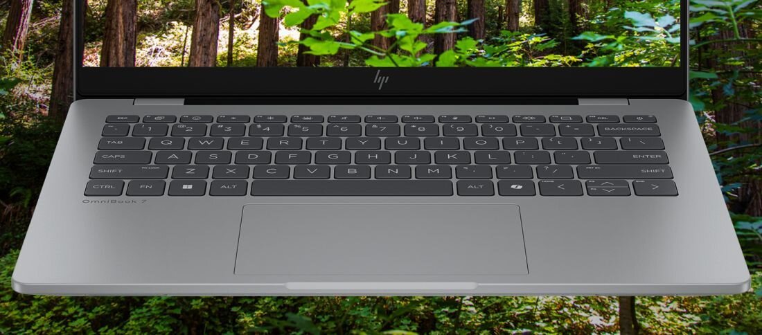 Klawiatura laptopa HP OmniBook z czarnymi klawiszami i dużym touchpadem na tle lasu z zielonymi liśćmi. - podświetlana klawiatura z białym podświetleniem LED