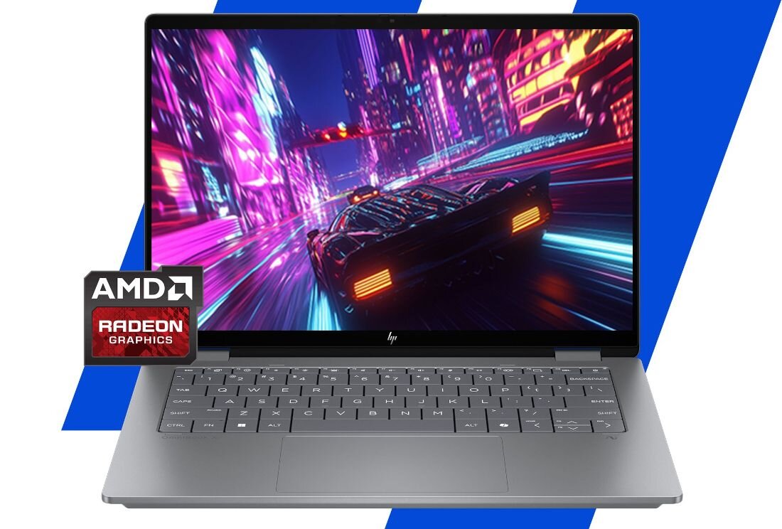 Laptop HP OmniBook z wyświetloną grafiką wyścigową i logo AMD Radeon Graphics, zaprezentowany na tle niebieskiego motywu. - Karta graficzna AMD Radeon   