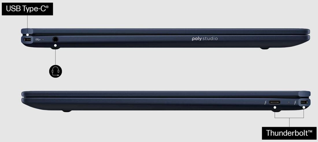 Laptop HP OmniBook Ultra Flip z portem Thunderbolt po lewej stronie. Wszechstronne złącza USB Type-C z Thunderbolt 4 