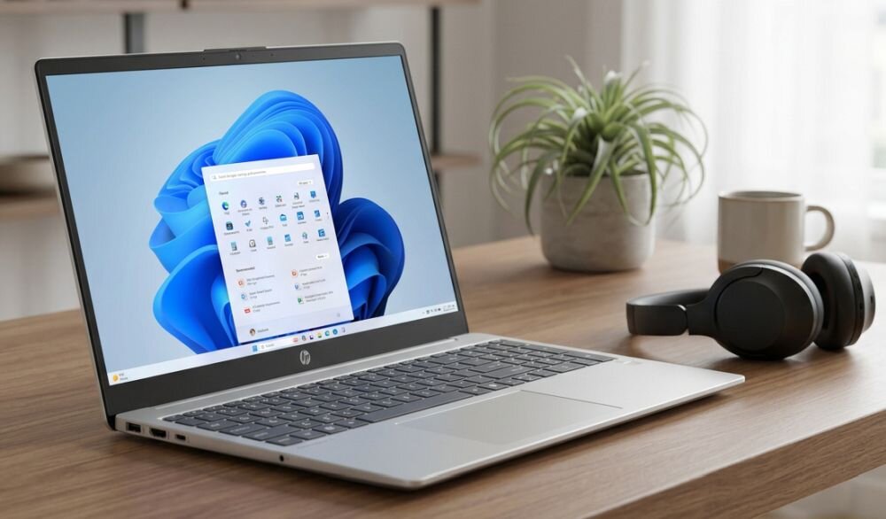 Na drewnianym stole stoi otwarty laptop z widocznym ekranem systemu Windows 11. Obok laptopa znajduje się para słuchawek i doniczka z rośliną.