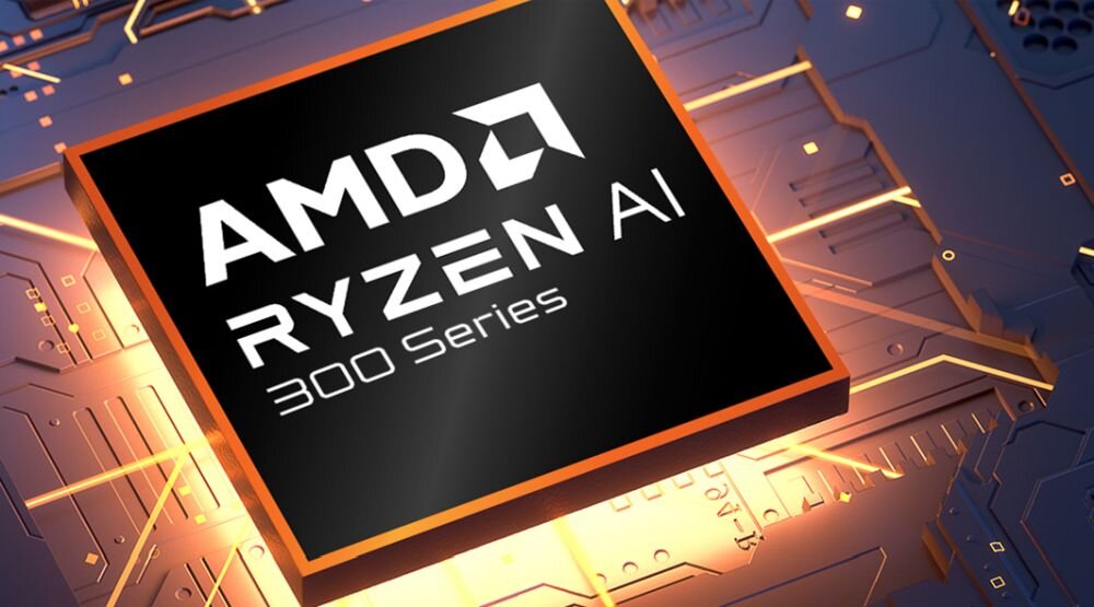 Obraz przedstawia procesor z napisem \'AMD Ryzen AI 300 Series\' na tle płyty głównej.