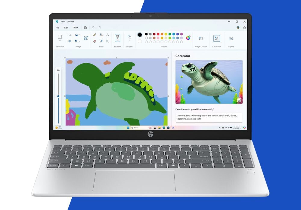 Laptop z widocznym ekranem, na którym otwarte jest oprogramowanie graficzne z rysunkiem zielonego żółwia oraz zdjęciem żółwia morskiego. Na obudowie laptopa znajduje się logo HP.